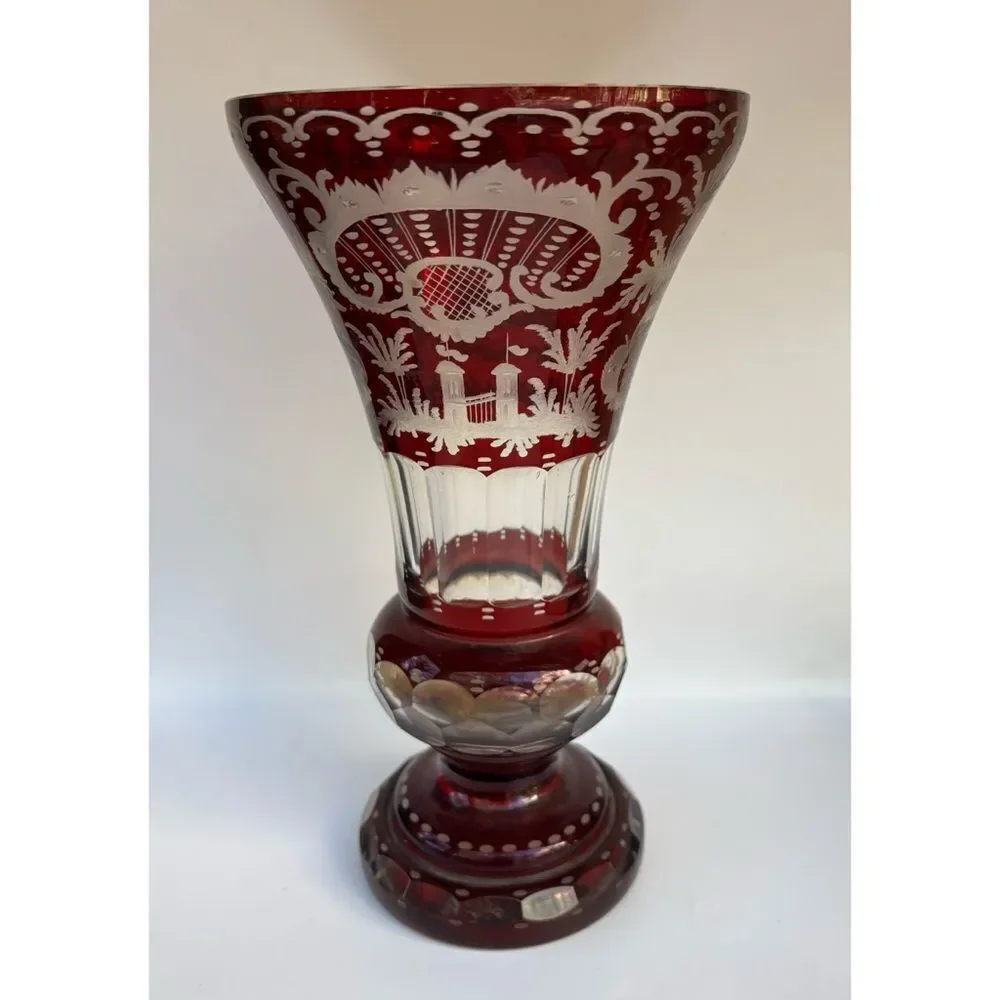 Vintage 1920s EGERMANN RUBY RED Bohemian Czech Crystal 9.8” Vase